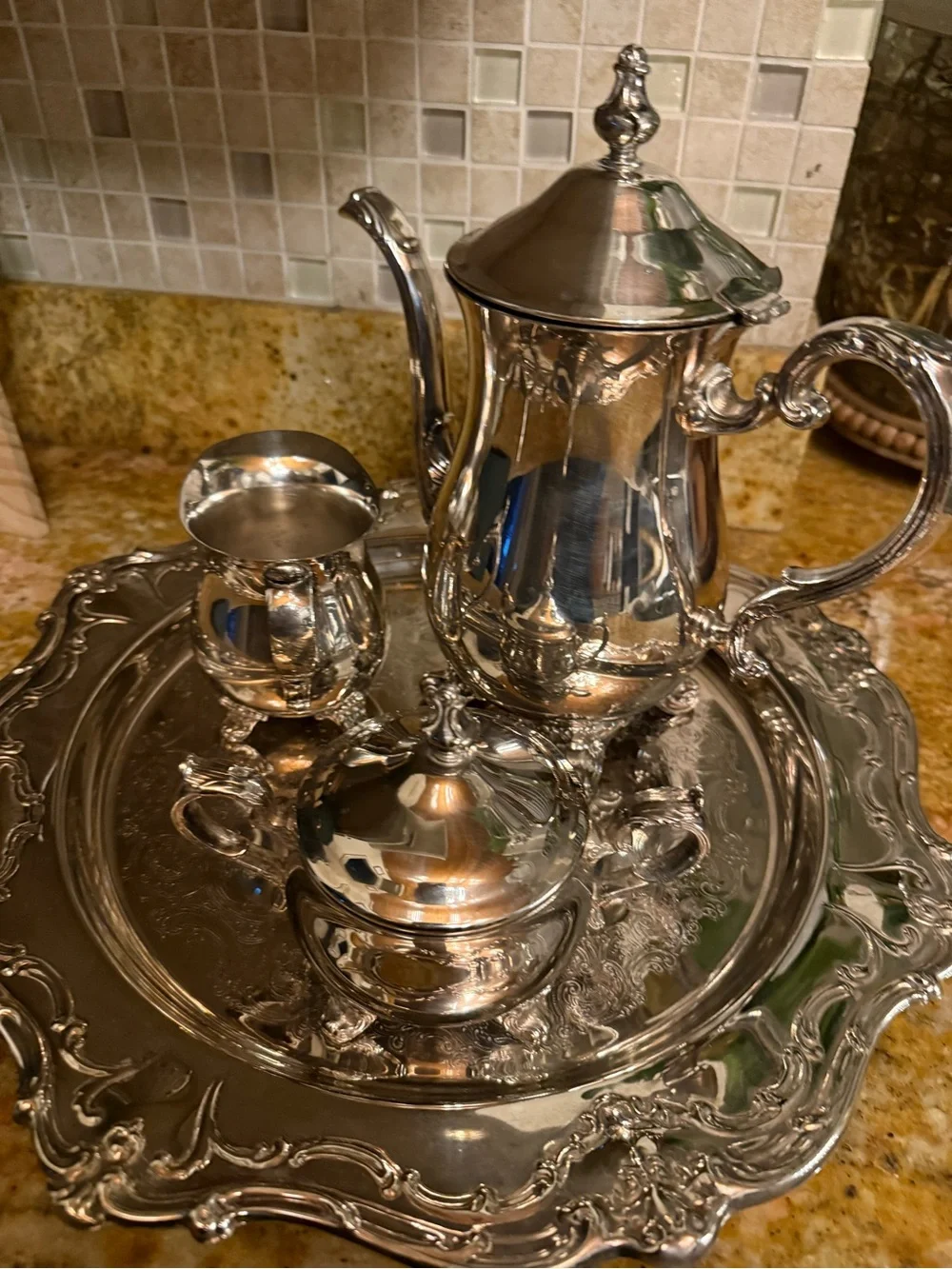 Vintage Gorham EP Brass Silverplate Tea Coffee Service Set + Unbranded Tray
